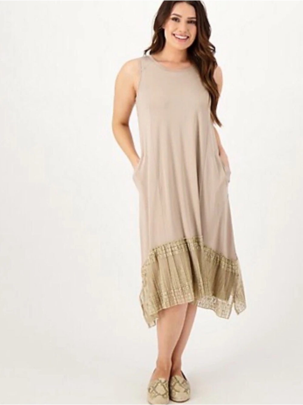 LOGO Midi pleated lace Hem Dress. Broomstick Lace. Lagenlook. Modest. Boho. MP